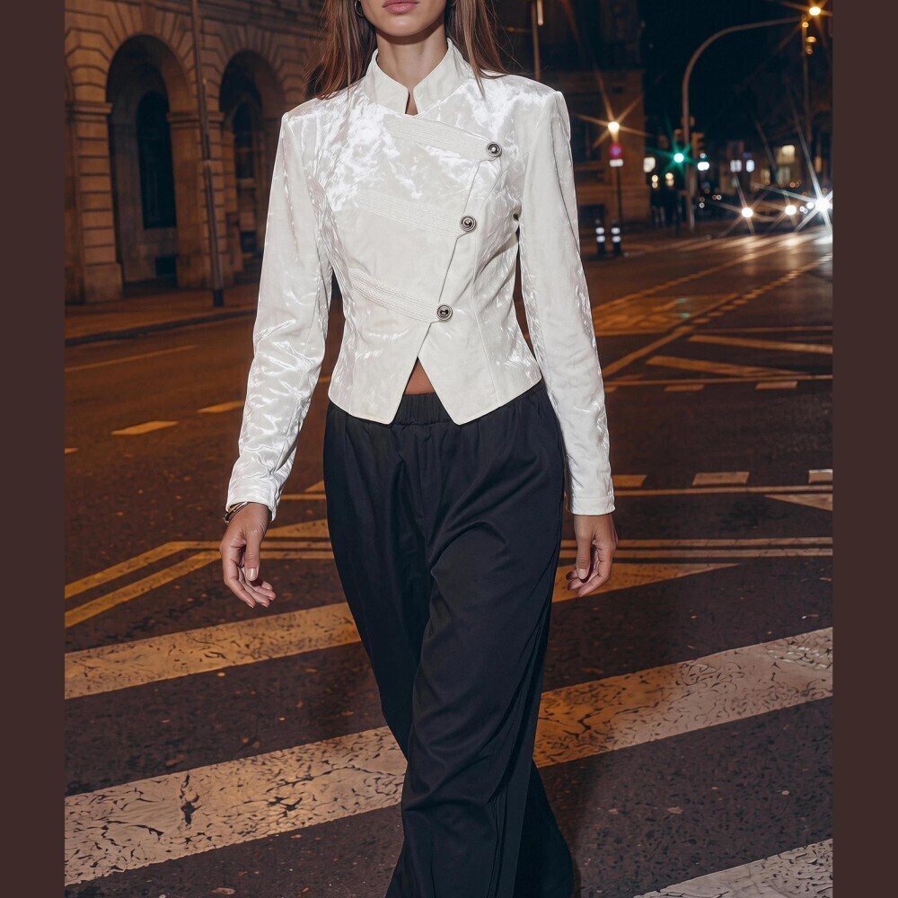 Ivory Satin Asymmetric Button Front Stand Collar Cropped Jacket